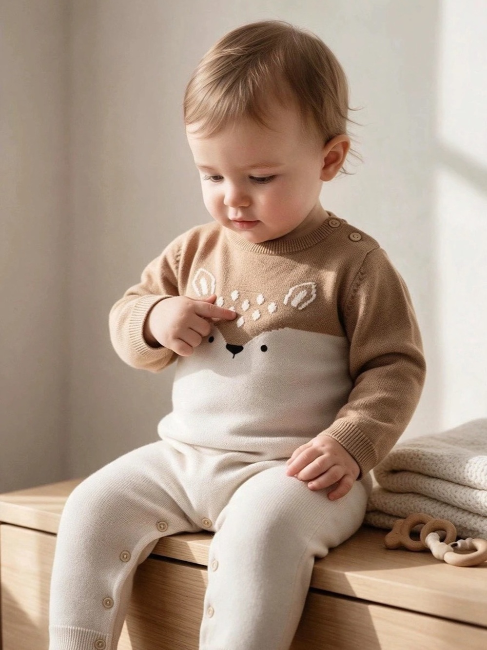 Gymboree Deer Knit One Piece Romper Brown Cream Baby 12-18 Months